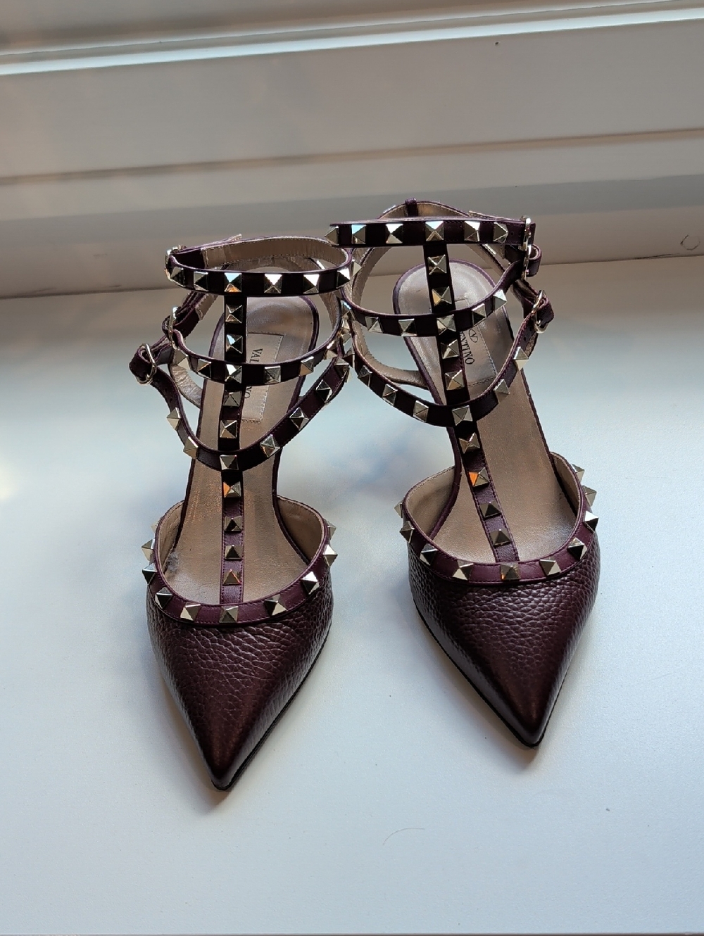 Valentino Rockstud Pointed-Toe Strappy Pumps in Deep Burgundy